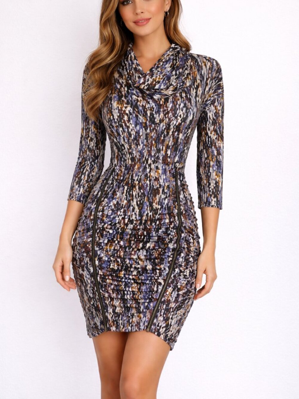 BCBGMAXAZRIA Long Sleeve Cowl Neck Ruched Dress – Size S